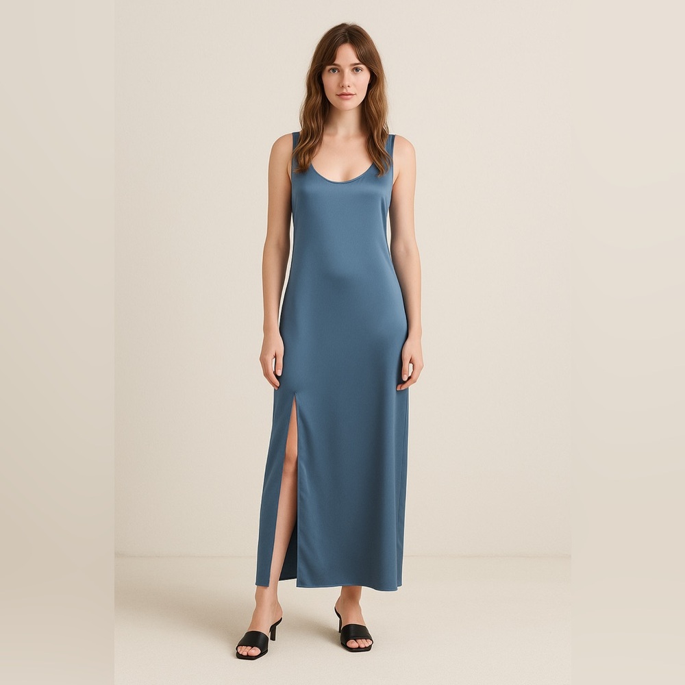 Zara Women’s Blue Satin Maxi Slip Dress with Slit